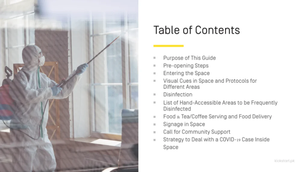 Table of Content of Kickstart's Hygiene & Safety Protocols